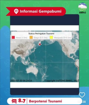 BMKG keluarkan peringatan dini potensi tsunami di sejumlah wilayah di Indonesia imbas gempa besar di Rusia. [Instagram] 